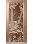 Стеклянная дверь для сауны Ольха - бронза Мишки в лесу