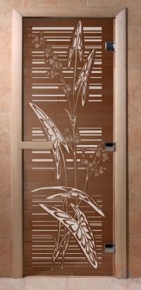 Стеклянная дверь для сауны Ольха - стекло бронза Листья