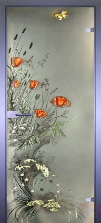 Дверь стеклянная межкомнатная Маки с бабочкой