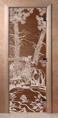 Стеклянная дверь для сауны Ольха - стекло бронза Мишки в лесу